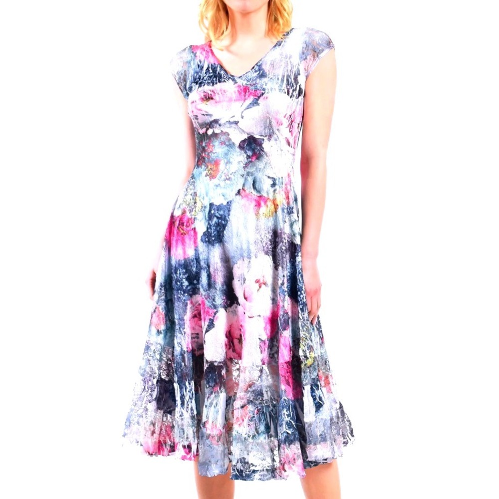KOMAROV Rapture Rose V Neck Midi Dress Floral Blue Size M Crinkle